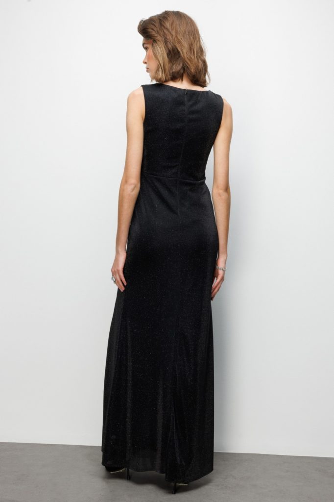 EKOL Büzgü Detaylı Yırtmaçlı Simli Elbise 6082 - Siyah