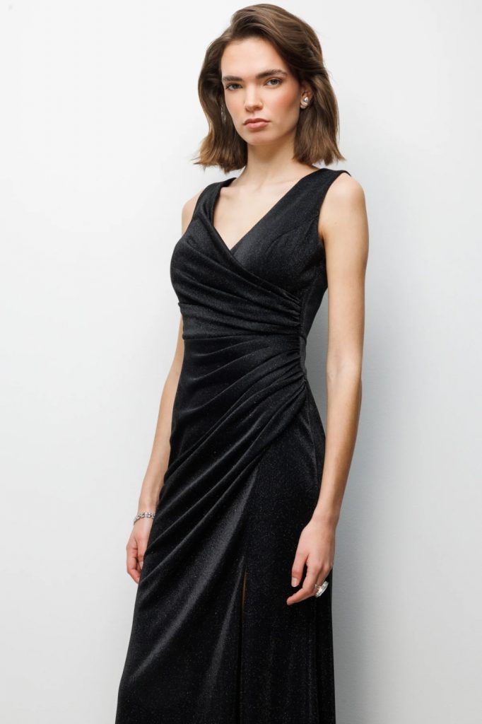 EKOL Büzgü Detaylı Yırtmaçlı Simli Elbise 6082 - Siyah