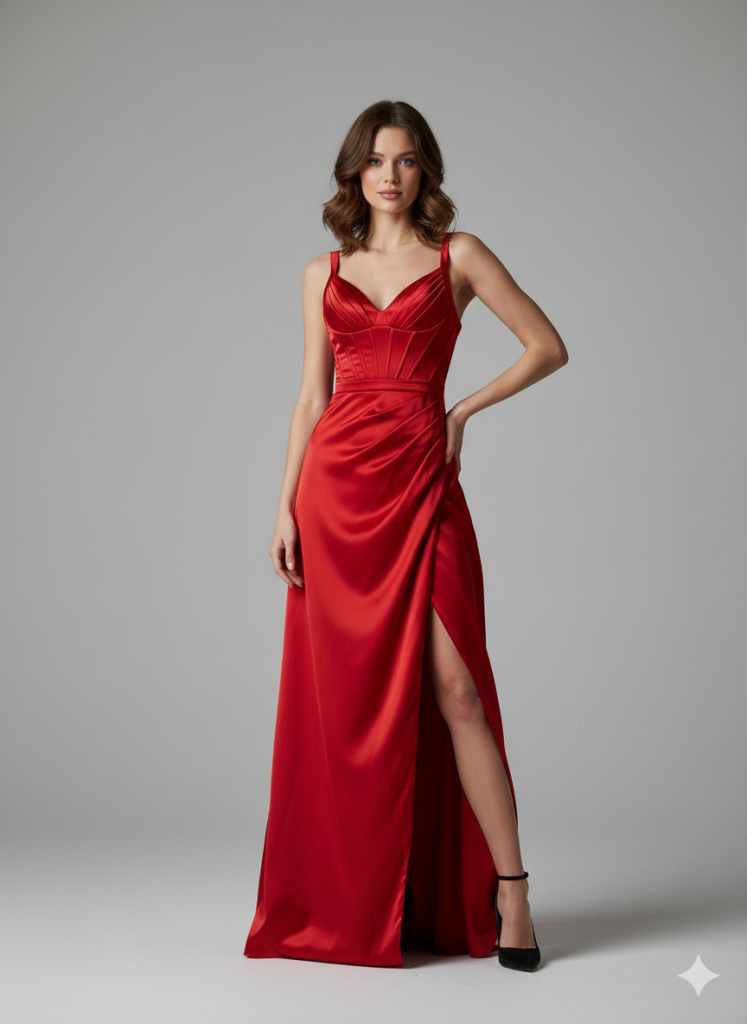 ALFABETA Asklı Drapeli Korse Detaylı Saten Abiye 5751