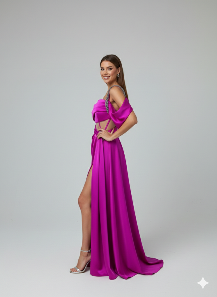 ALFABETA Derin Yırtmaçlı Drapeli Abiye 5780