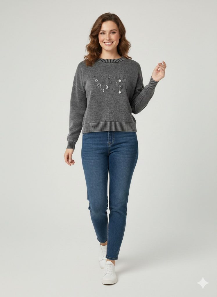 BDK TRİKO Aksesuar İşlemeli Bluz 161-1 - GRİ