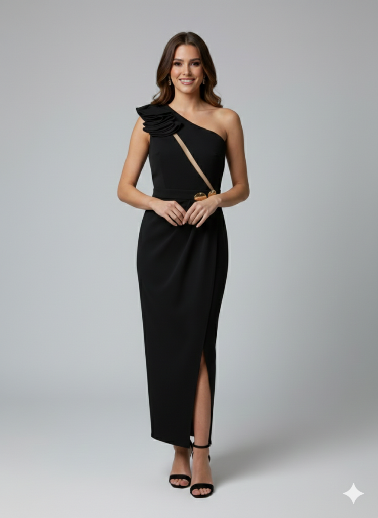 BEETHOVEN Aksesuar Detaylı Tek Omuz Abiye  3649 - Siyah