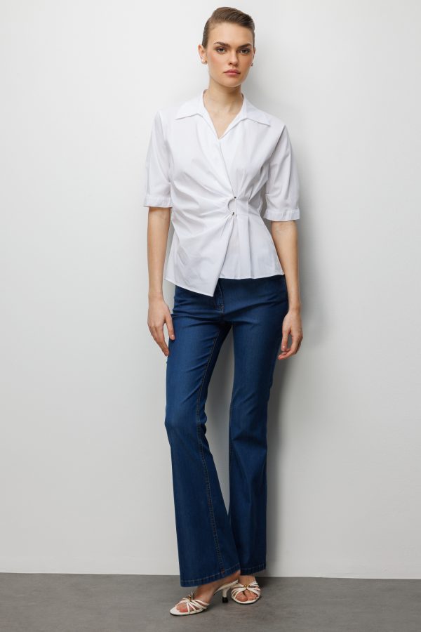 EKOL Beli Büzgülü Kısa Kollu Pamuklu Bluz  2046