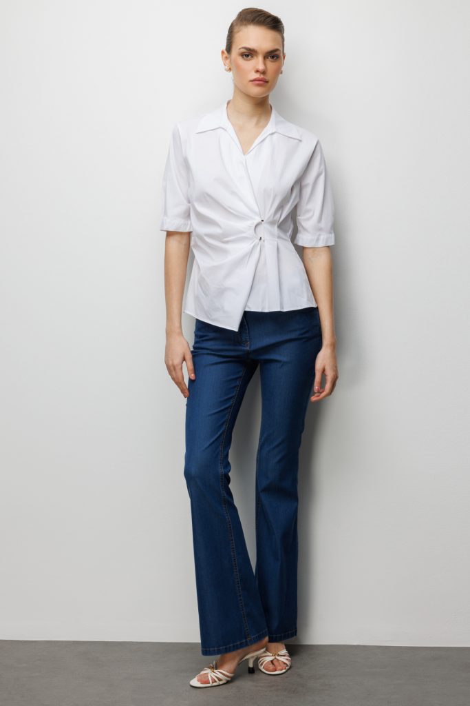 EKOL Beli Büzgülü Kısa Kollu Pamuklu Bluz  2046