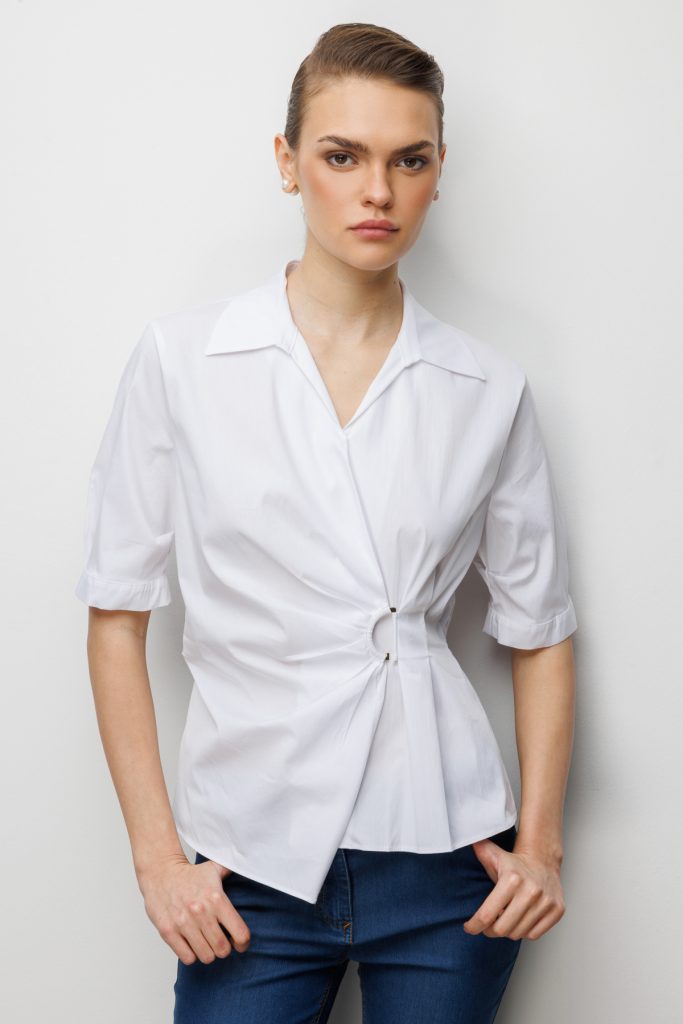 EKOL Beli Büzgülü Kısa Kollu Pamuklu Bluz  2046