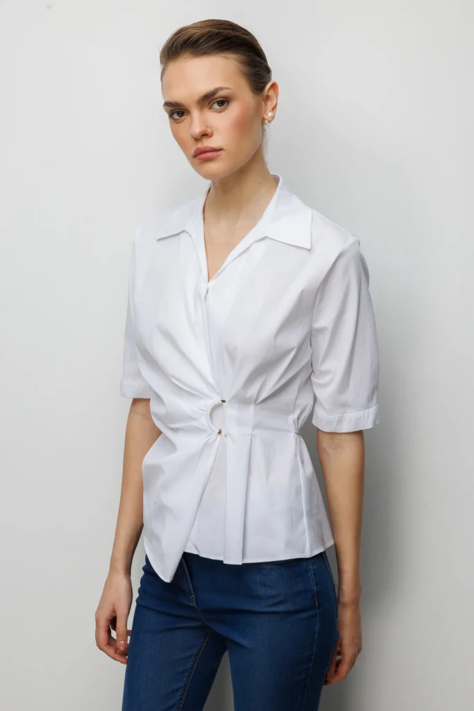 EKOL Beli Büzgülü Kısa Kollu Pamuklu Bluz  2046