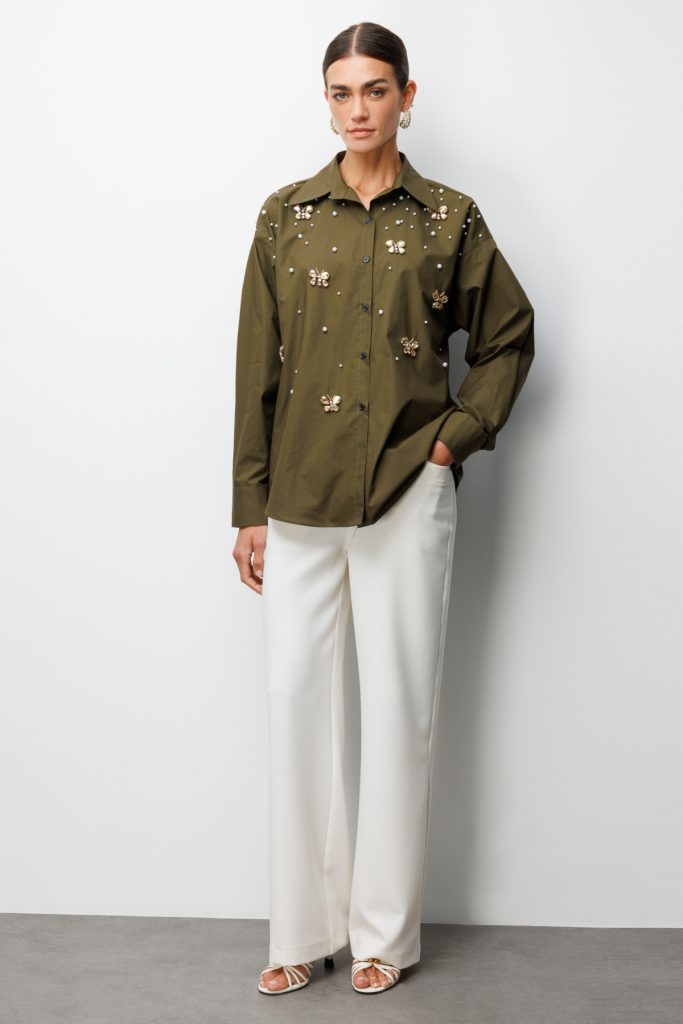 EKOL  Kelebek Ve İnci İşlemeli Pamuk Gömlek 2802