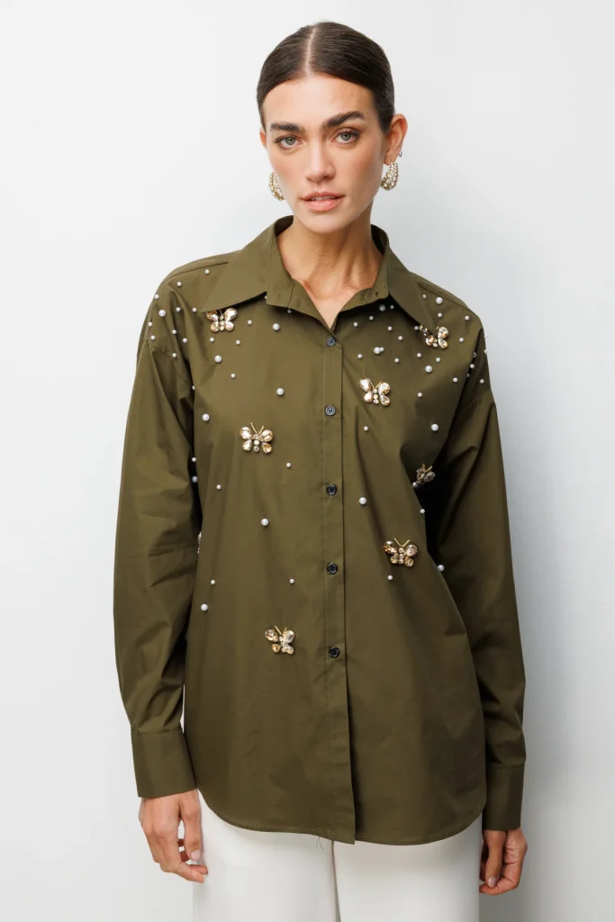 EKOL  Kelebek Ve İnci İşlemeli Pamuk Gömlek 2802