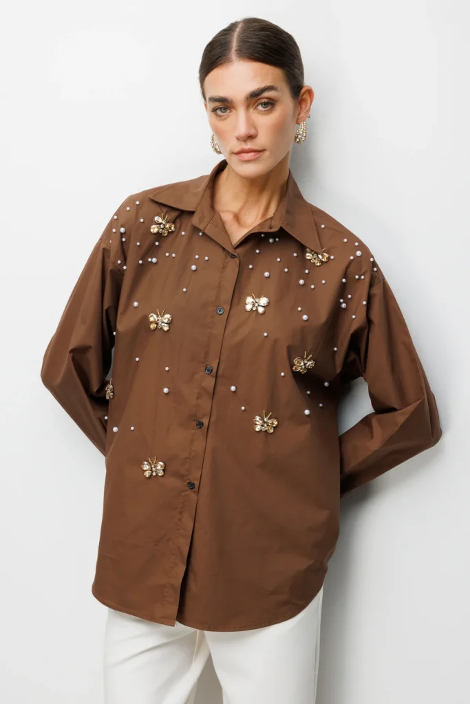 EKOL  Kelebek Ve İnci İşlemeli Pamuk Gömlek 2802 - kahve