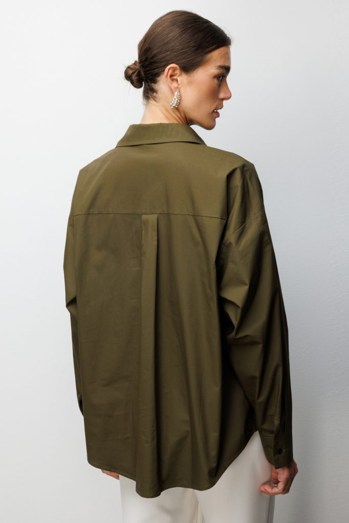 EKOL Boncuk İşlemeli Uzun Kollu Pamuk Gömlek 2806 - HAKİ