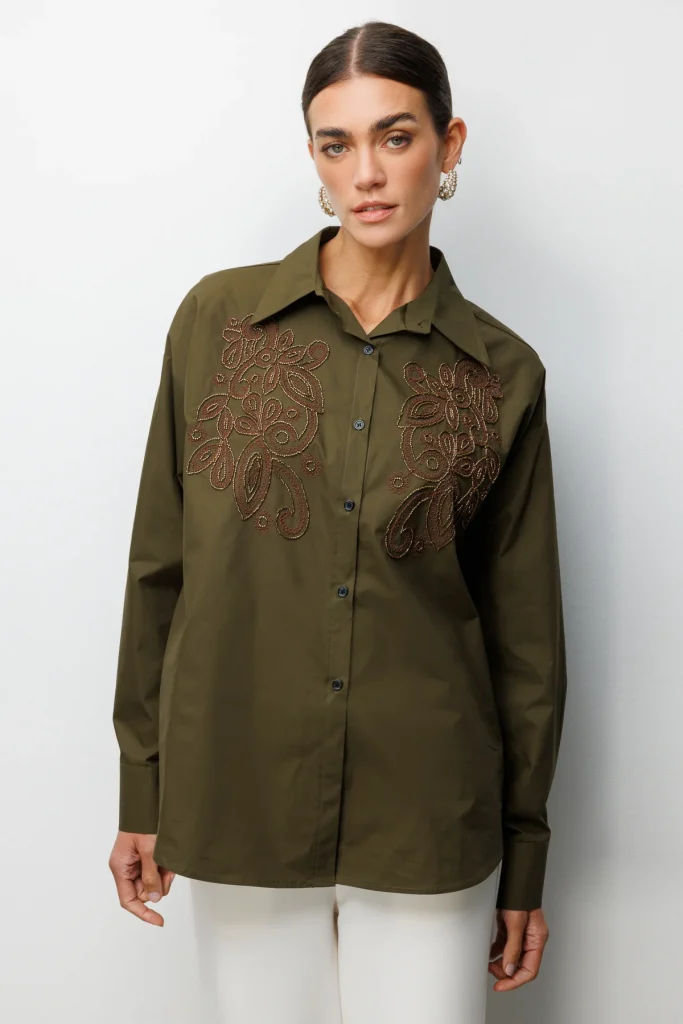 EKOL Boncuk İşlemeli Uzun Kollu Pamuk Gömlek 2806 - HAKİ