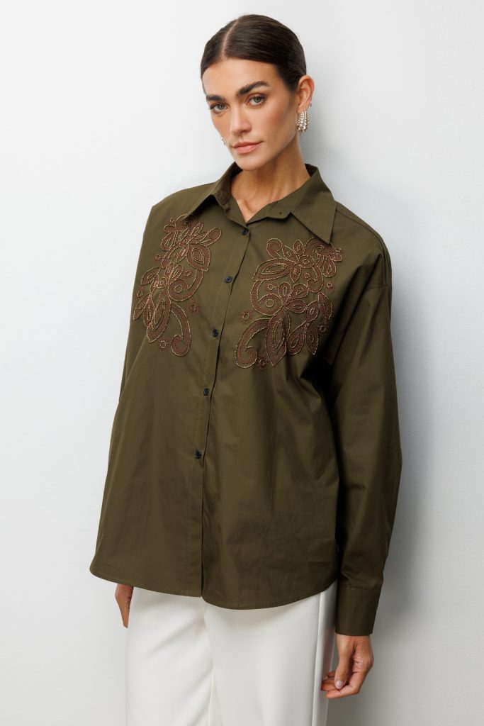 EKOL Boncuk İşlemeli Uzun Kollu Pamuk Gömlek 2806 - HAKİ