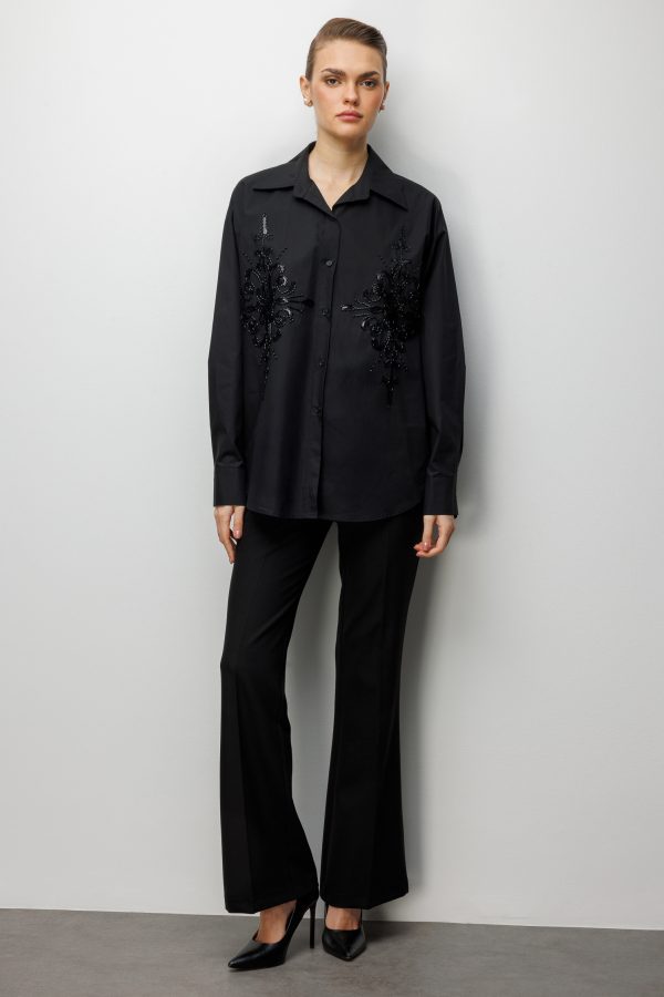 EKOL Boncuk İşlemeli Oversize Pamuk Gömlek  2808