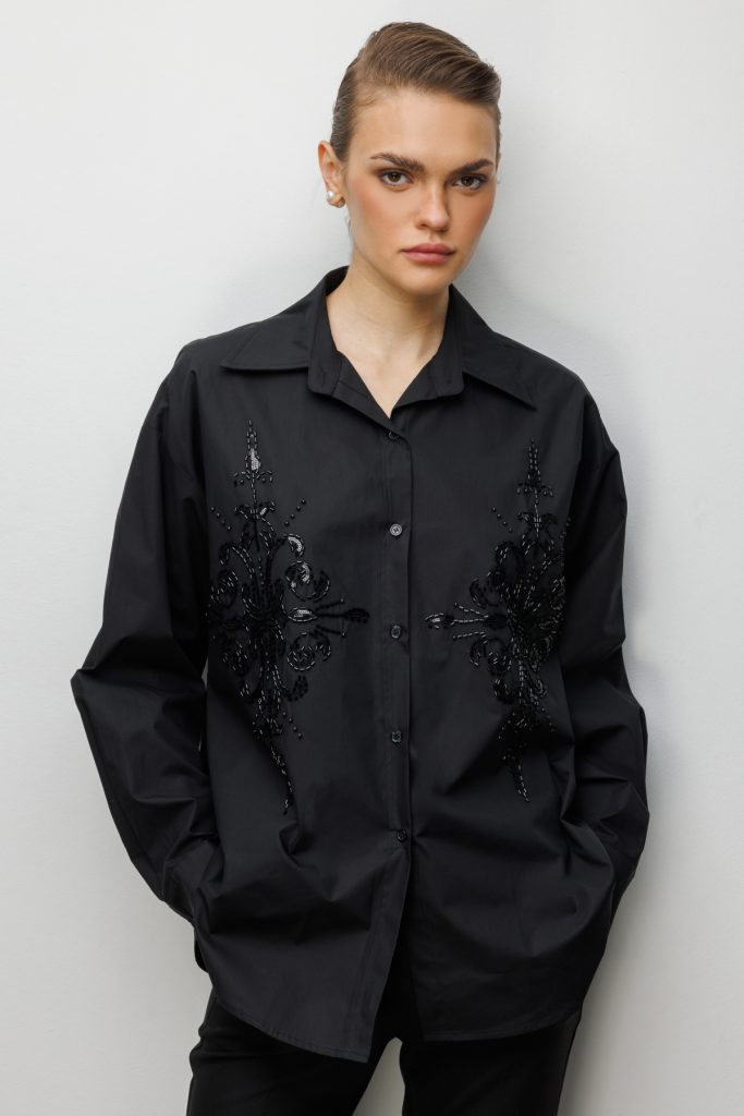 EKOL Boncuk İşlemeli Oversize Pamuk Gömlek  2808