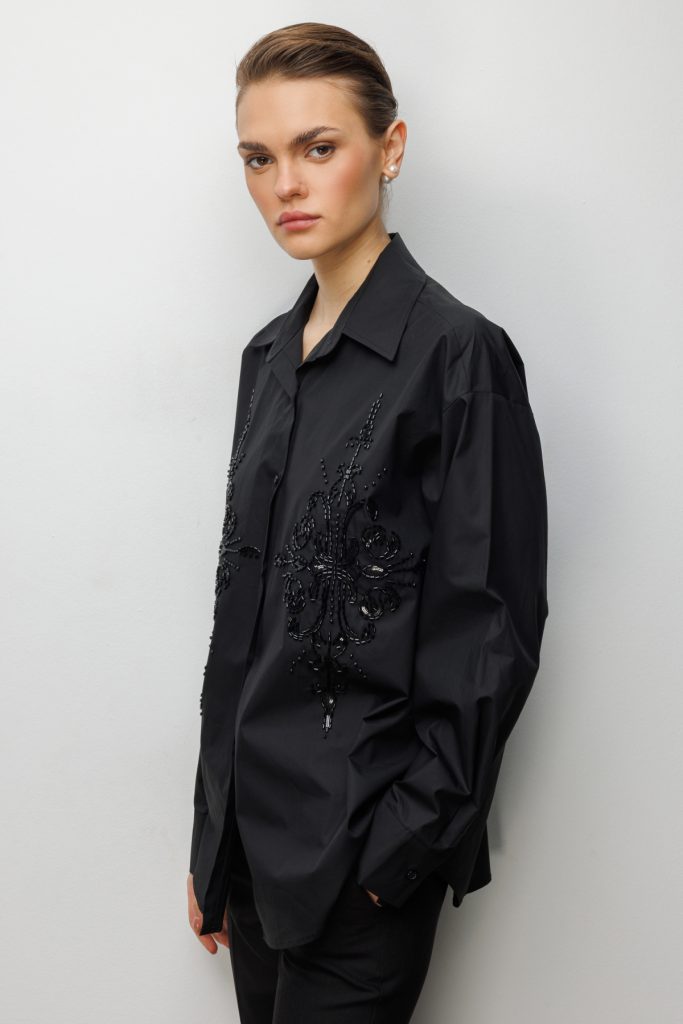 EKOL Boncuk İşlemeli Oversize Pamuk Gömlek  2808