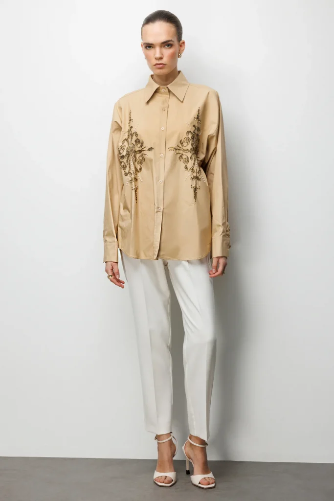 EKOL Boncuk İşlemeli Oversize Pamuk Gömlek  2808 - camel