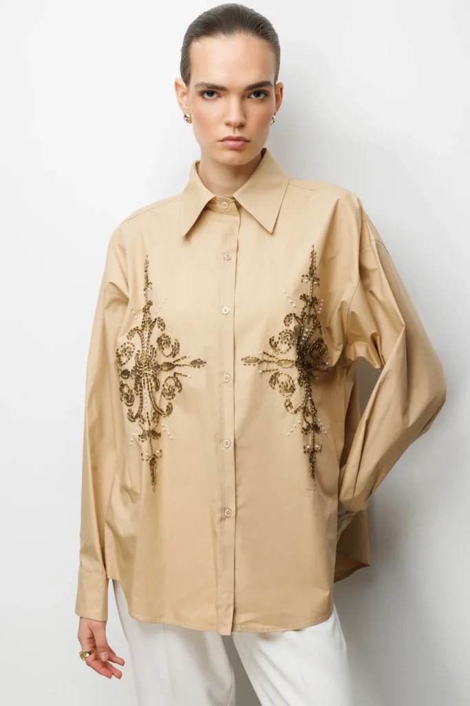 EKOL Boncuk İşlemeli Oversize Pamuk Gömlek  2808 - camel