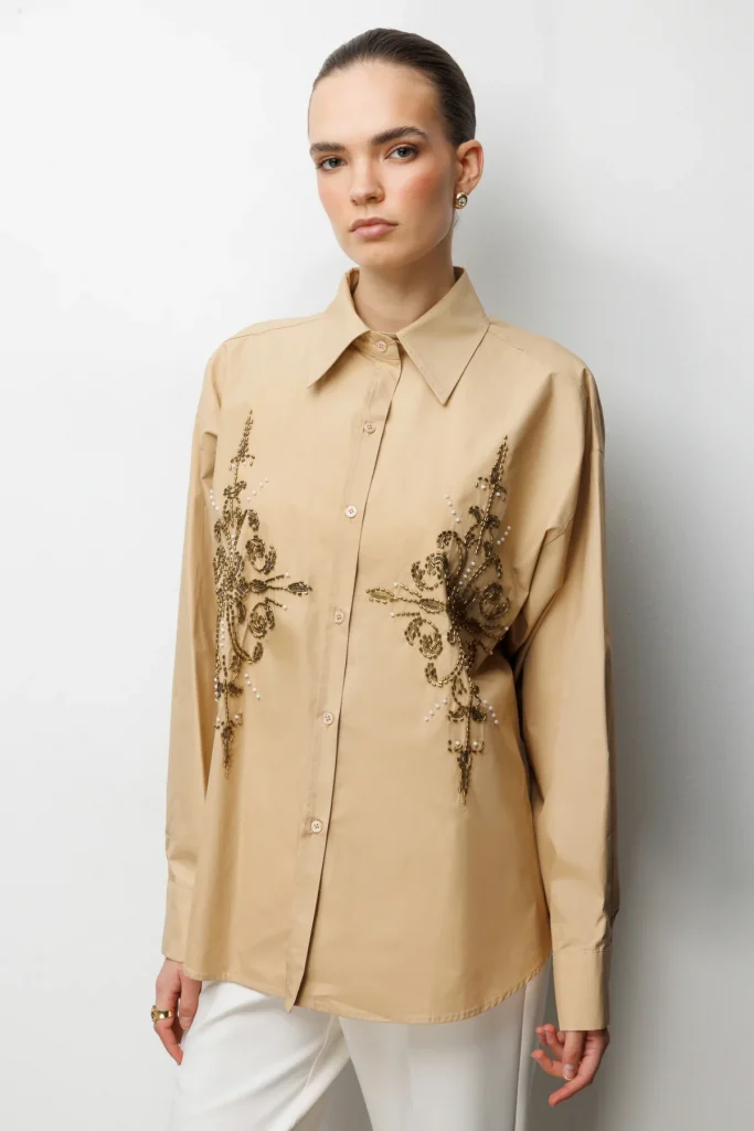 EKOL Boncuk İşlemeli Oversize Pamuk Gömlek  2808 - camel