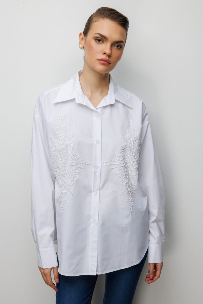EKOL Boncuk İşlemeli Oversize Pamuk Gömlek  2808 - EKRU