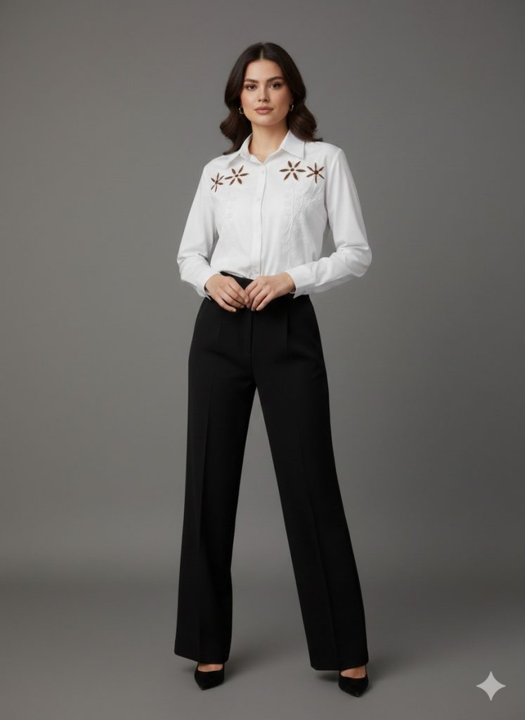 EKOL Nakışlı Gömlek 2810 - EKRU