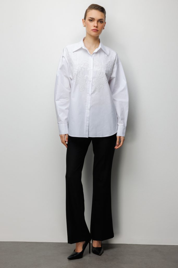 EKOL Boncuk İşlemeli Pamuk Gömlek 2814 - EKRU