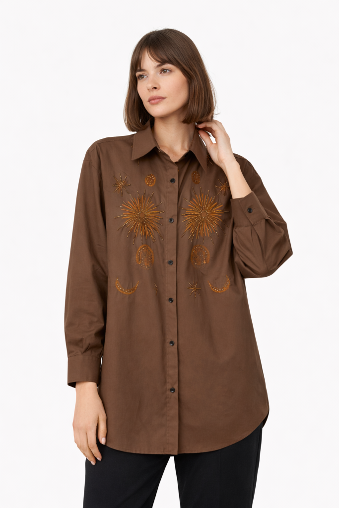 EKOL Boncuk İşlemeli Gömlek 2818 - kahve