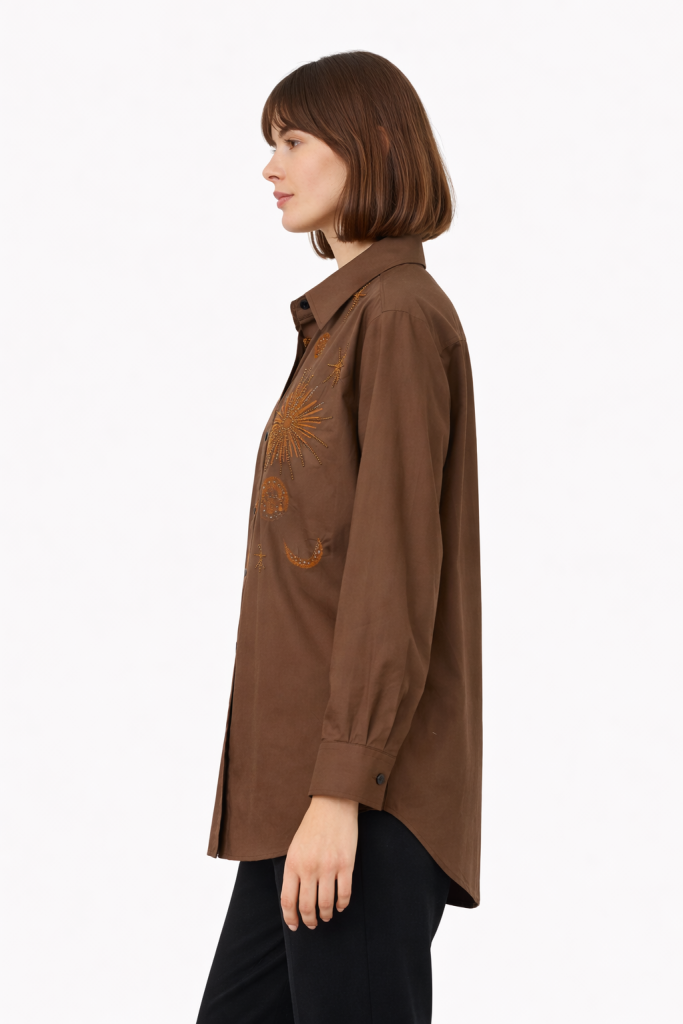 EKOL Boncuk İşlemeli Gömlek 2818 - kahve