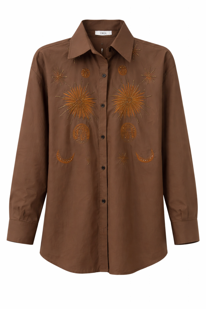 EKOL Boncuk İşlemeli Gömlek 2818 - kahve
