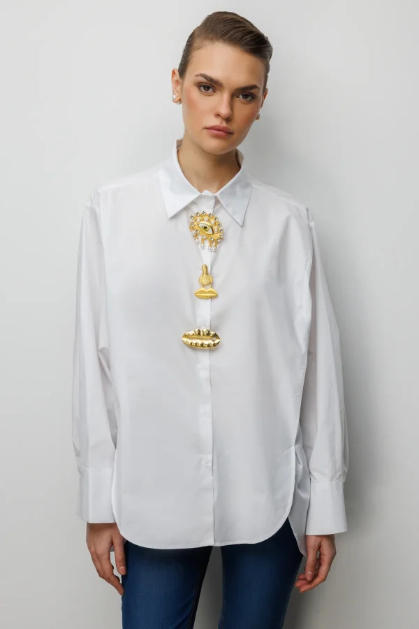 EKOL Metal Broşlu Oversize Pamuk Gömlek 2822