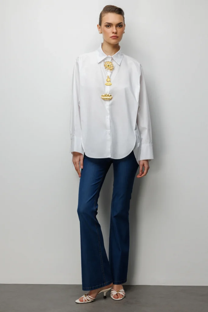 EKOL Metal Broşlu Oversize Pamuk Gömlek 2822