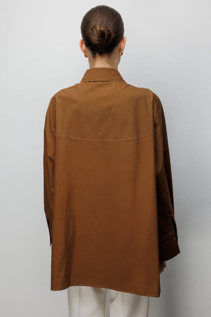 EKOL Metal Broşlu Oversize Pamuk Gömlek 2822 - kahve