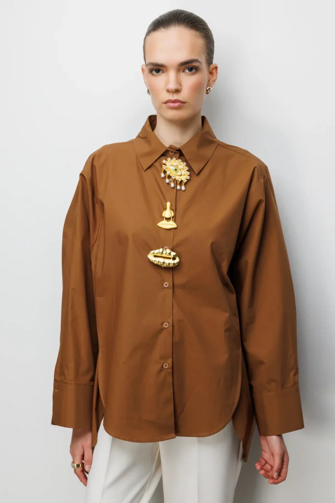 EKOL Metal Broşlu Oversize Pamuk Gömlek 2822 - kahve