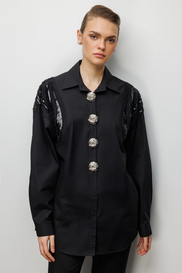 EKOL Boncuk İşlemeli Süs Metal Düğmeli Gömlek 2824