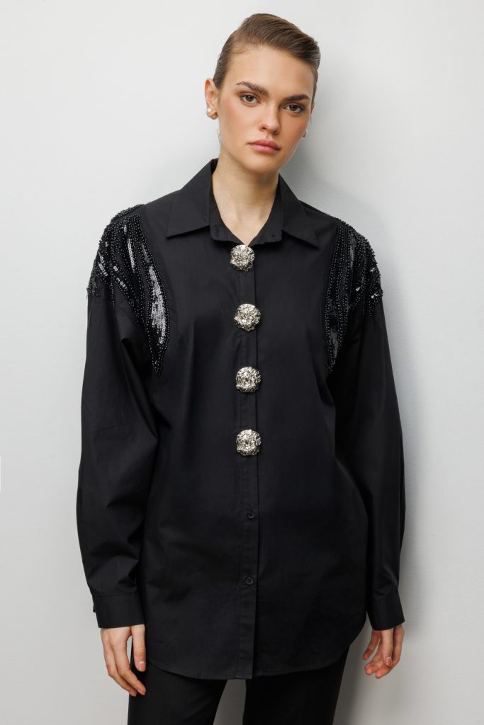 EKOL Boncuk İşlemeli Süs Metal Düğmeli Gömlek 2824