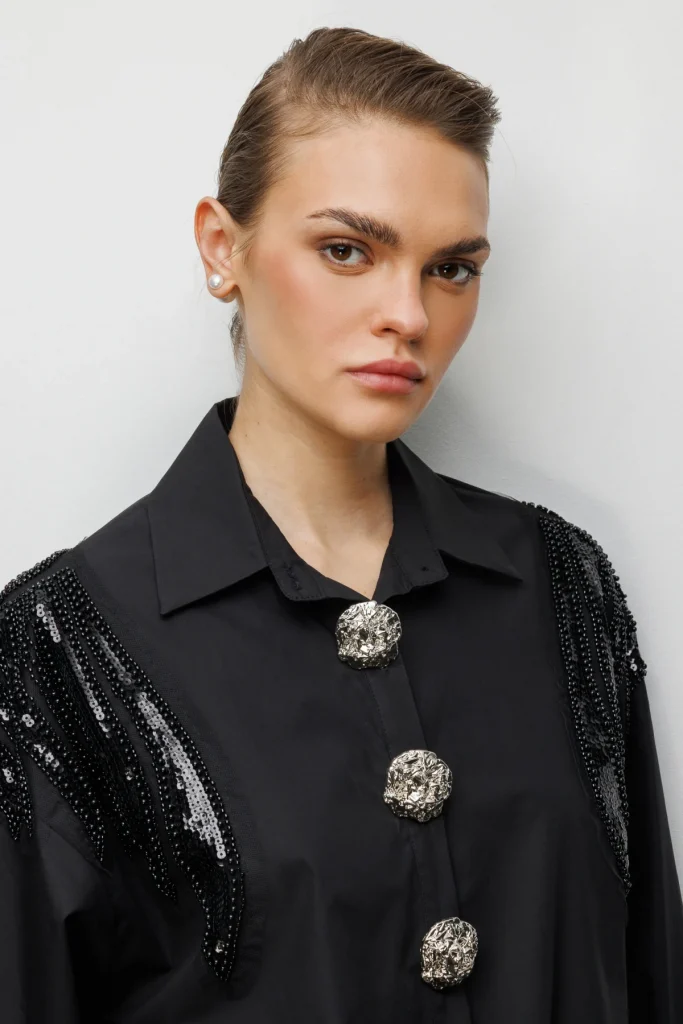 EKOL Boncuk İşlemeli Süs Metal Düğmeli Gömlek 2824