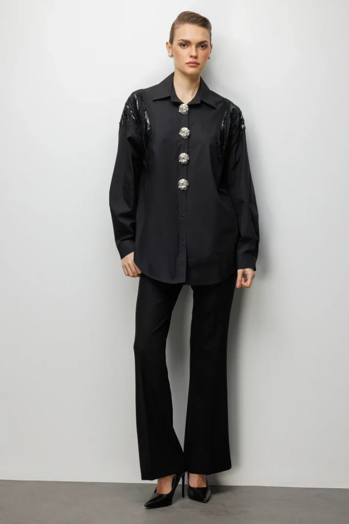 EKOL Boncuk İşlemeli Süs Metal Düğmeli Gömlek 2824