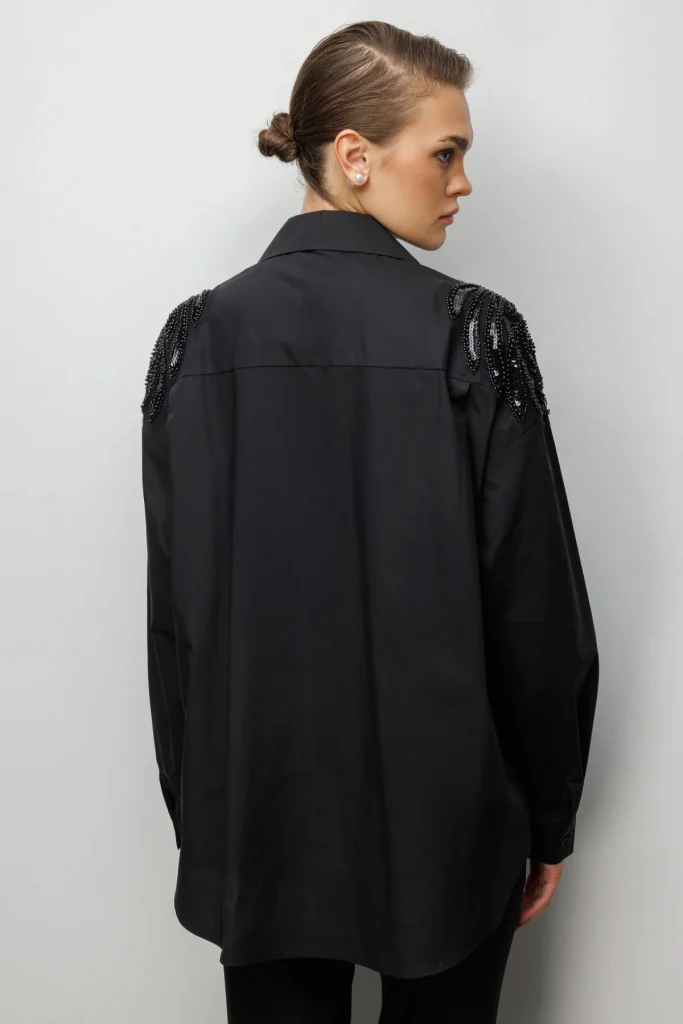 EKOL Boncuk İşlemeli Süs Metal Düğmeli Gömlek 2824 - Siyah