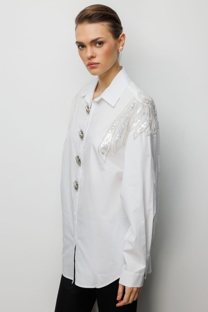 EKOL Boncuk İşlemeli Süs Metal Düğmeli Gömlek 2824 - EKRU
