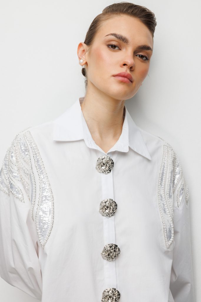 EKOL Boncuk İşlemeli Süs Metal Düğmeli Gömlek 2824 - EKRU