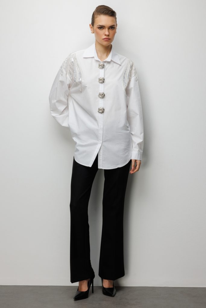 EKOL Boncuk İşlemeli Süs Metal Düğmeli Gömlek 2824 - EKRU