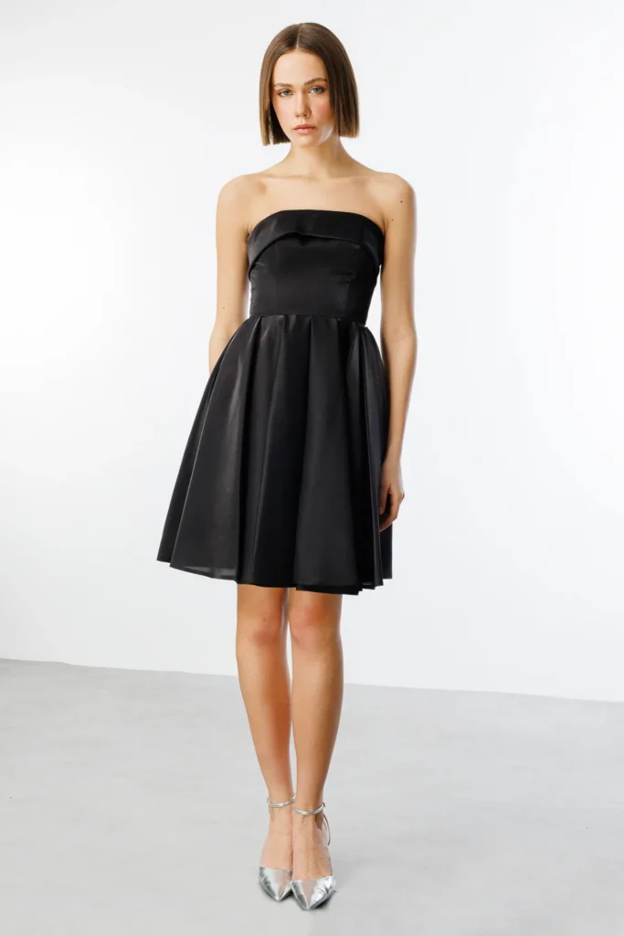 EKOL Eteği Piliseli Straplez Elbise 5096 - Siyah