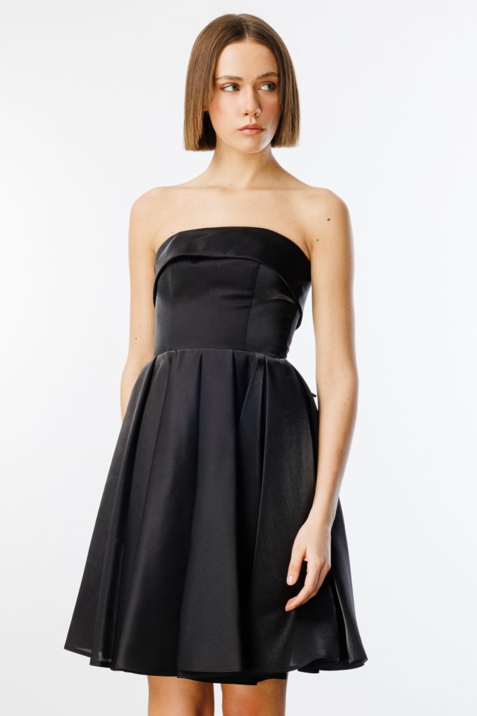 EKOL Eteği Piliseli Straplez Elbise 5096 - Siyah