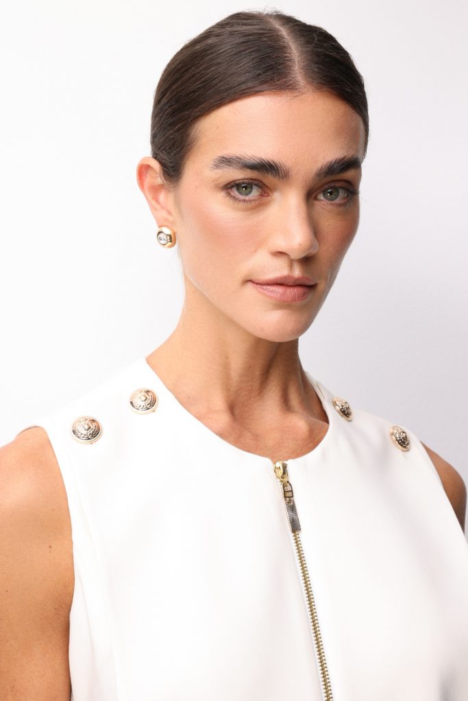 EKOL Süs Düğmeli Fermuarlı Midi Elbise 6004 - EKRU