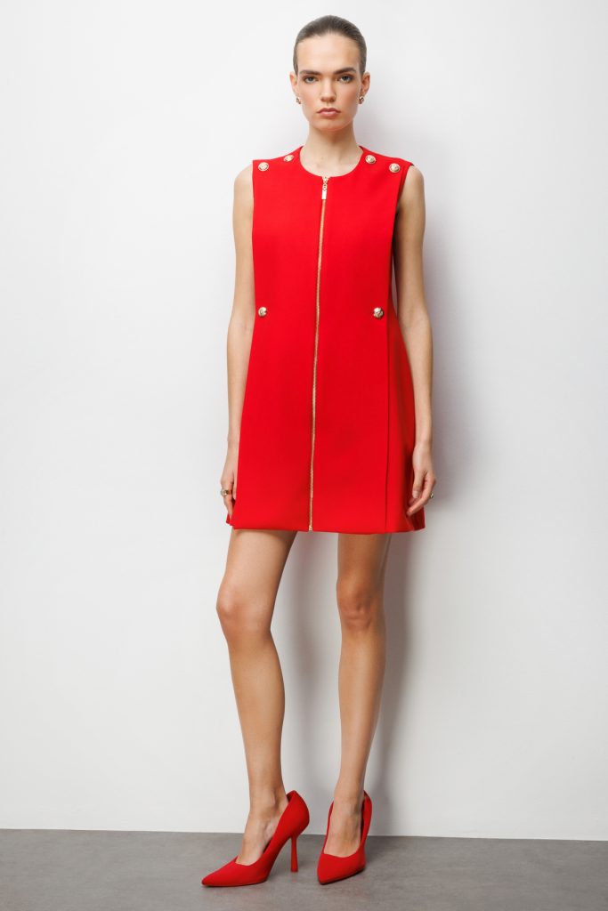 EKOL Süs Düğmeli Fermuarlı Midi Elbise 6004 - KIRMIZI