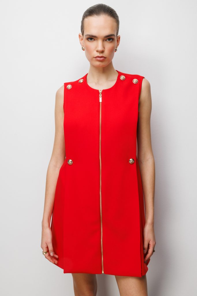 EKOL Süs Düğmeli Fermuarlı Midi Elbise 6004 - KIRMIZI