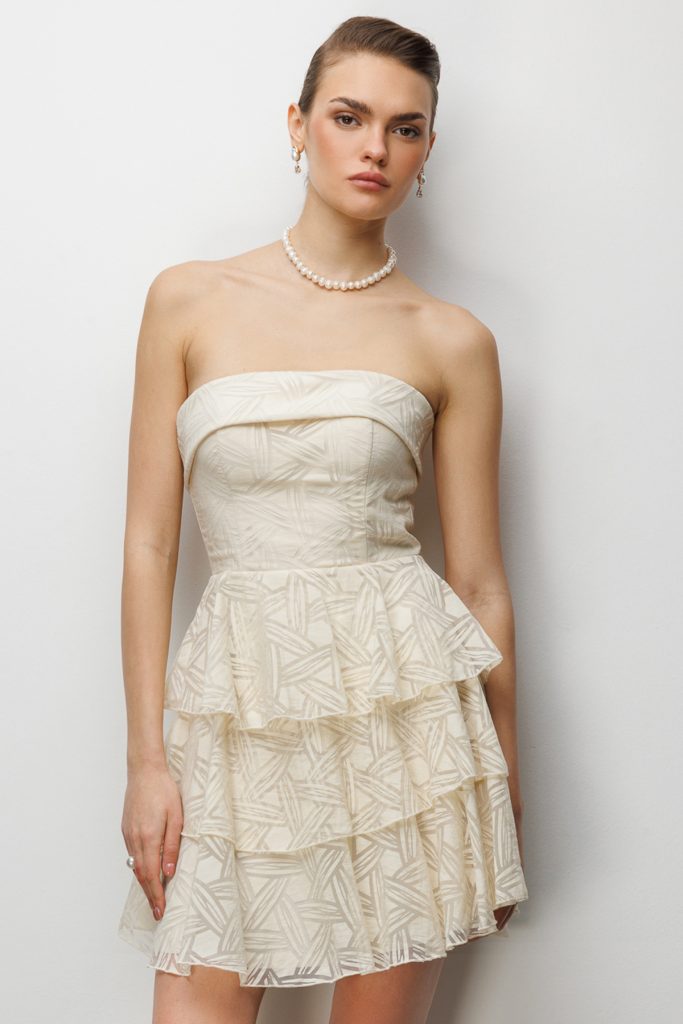 EKOL Eteği Katlı Mini Straplez Elbise 6022