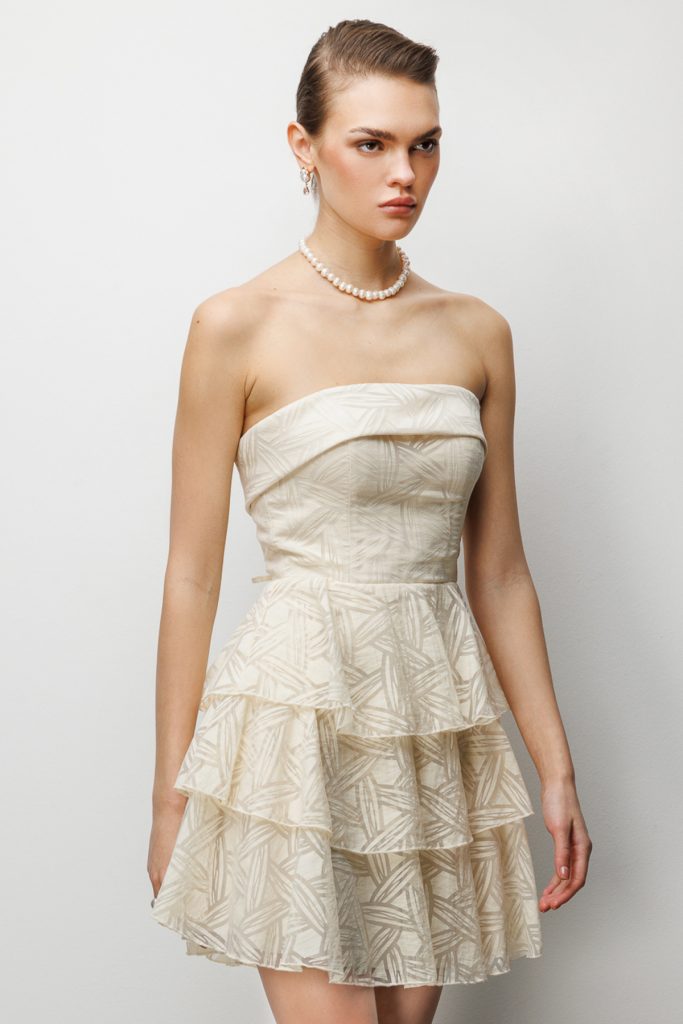 EKOL Eteği Katlı Mini Straplez Elbise 6022