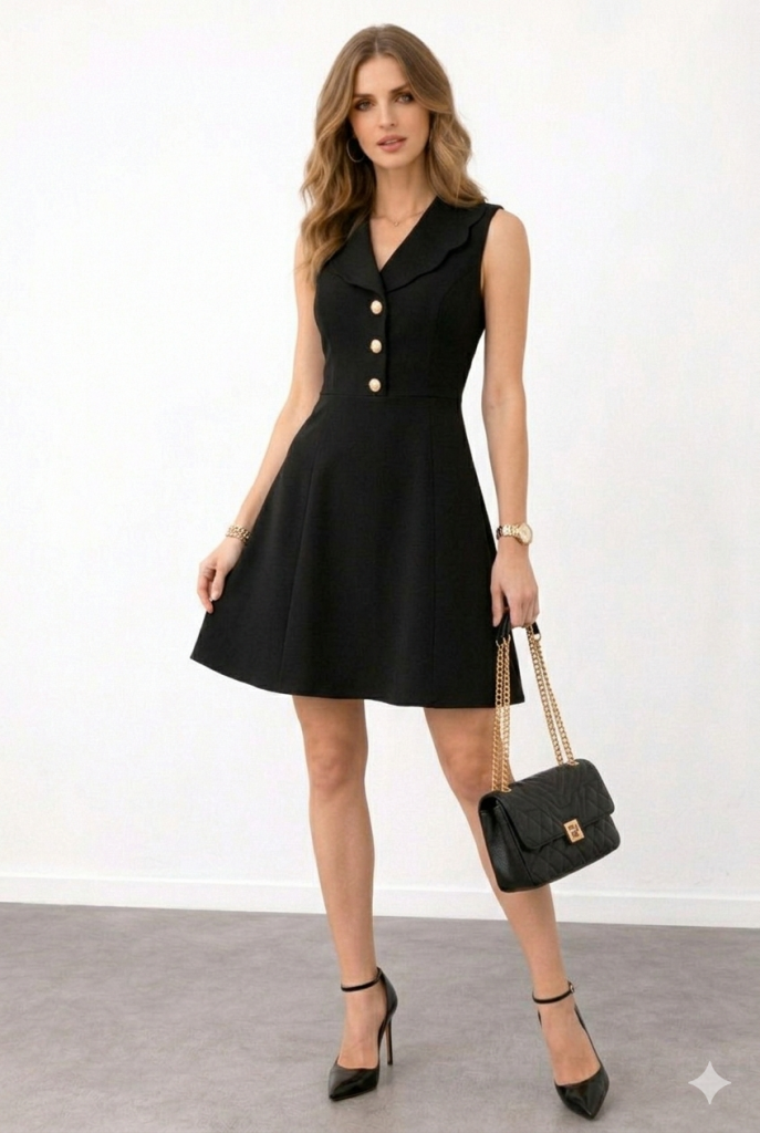 EKOL Süs Düğmeli Mini ELbise 6030 - Siyah