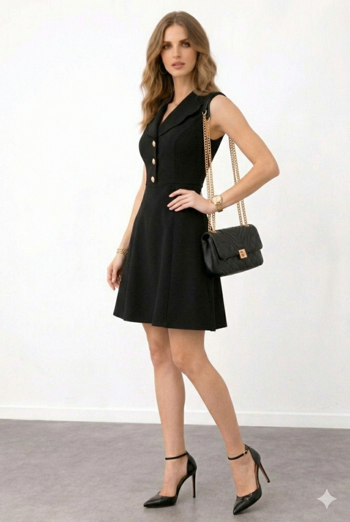 EKOL Süs Düğmeli Mini ELbise 6030 - Siyah