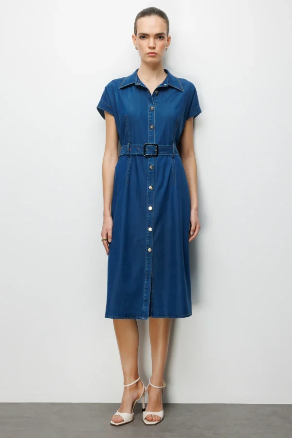 EKOL  Önü Düğmeli Kemerli Elbise 6042